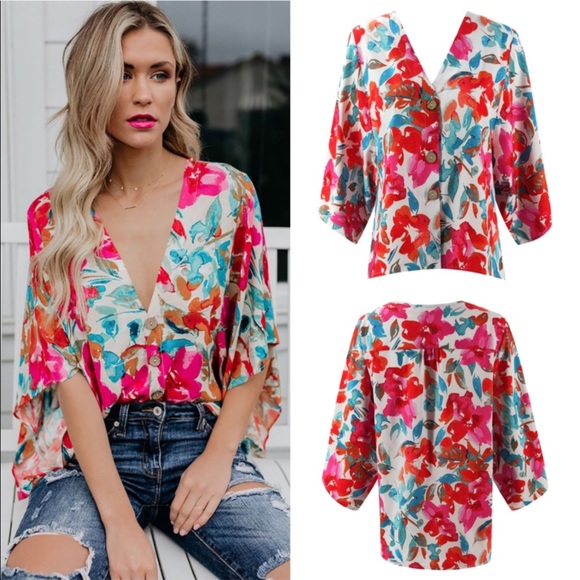 In Bloom Multicolored Floral Button Front Blouse - Picture 6 of 6